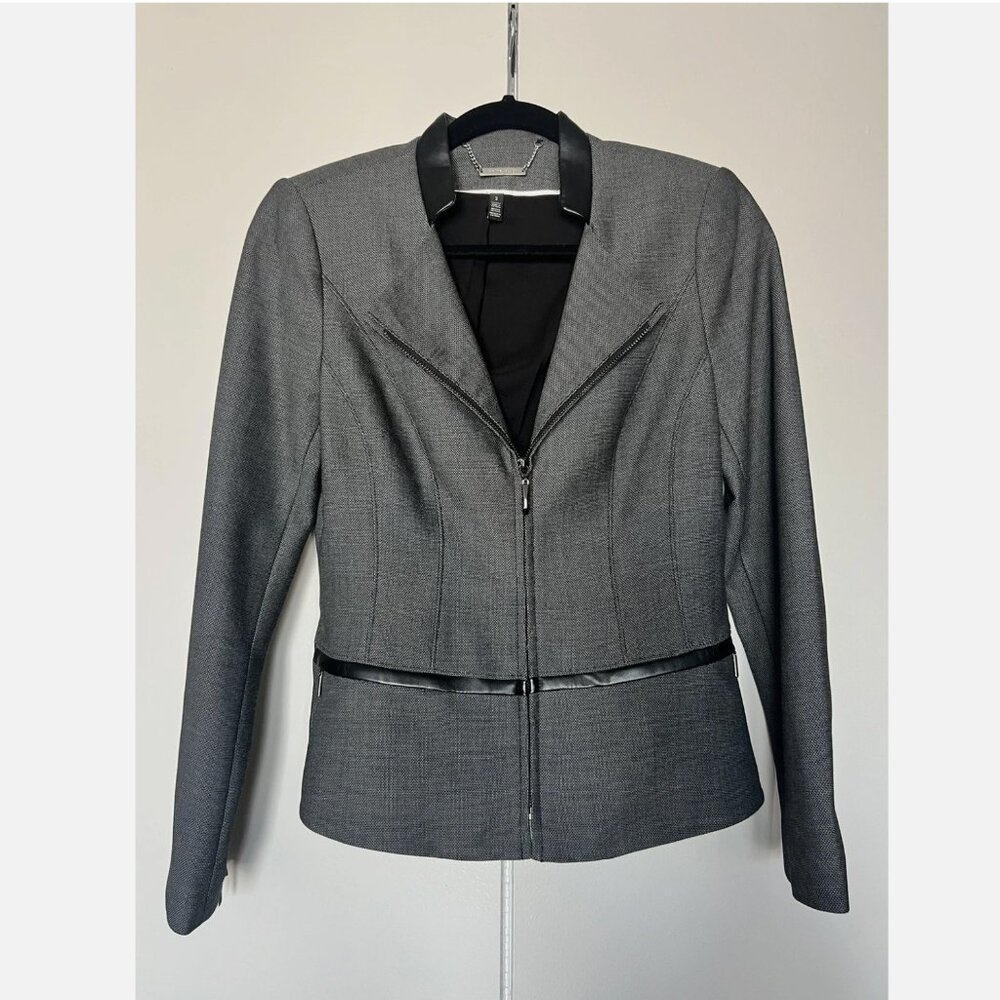EUC White House Black Market Blazer Jacket Gray Black Leather Details Size 2